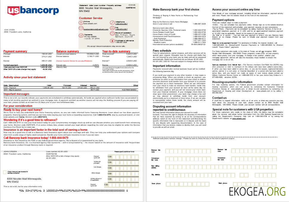 Relevé hypothécaire de la banque USA Bancorp aux formats Word et PDF, 2 pages